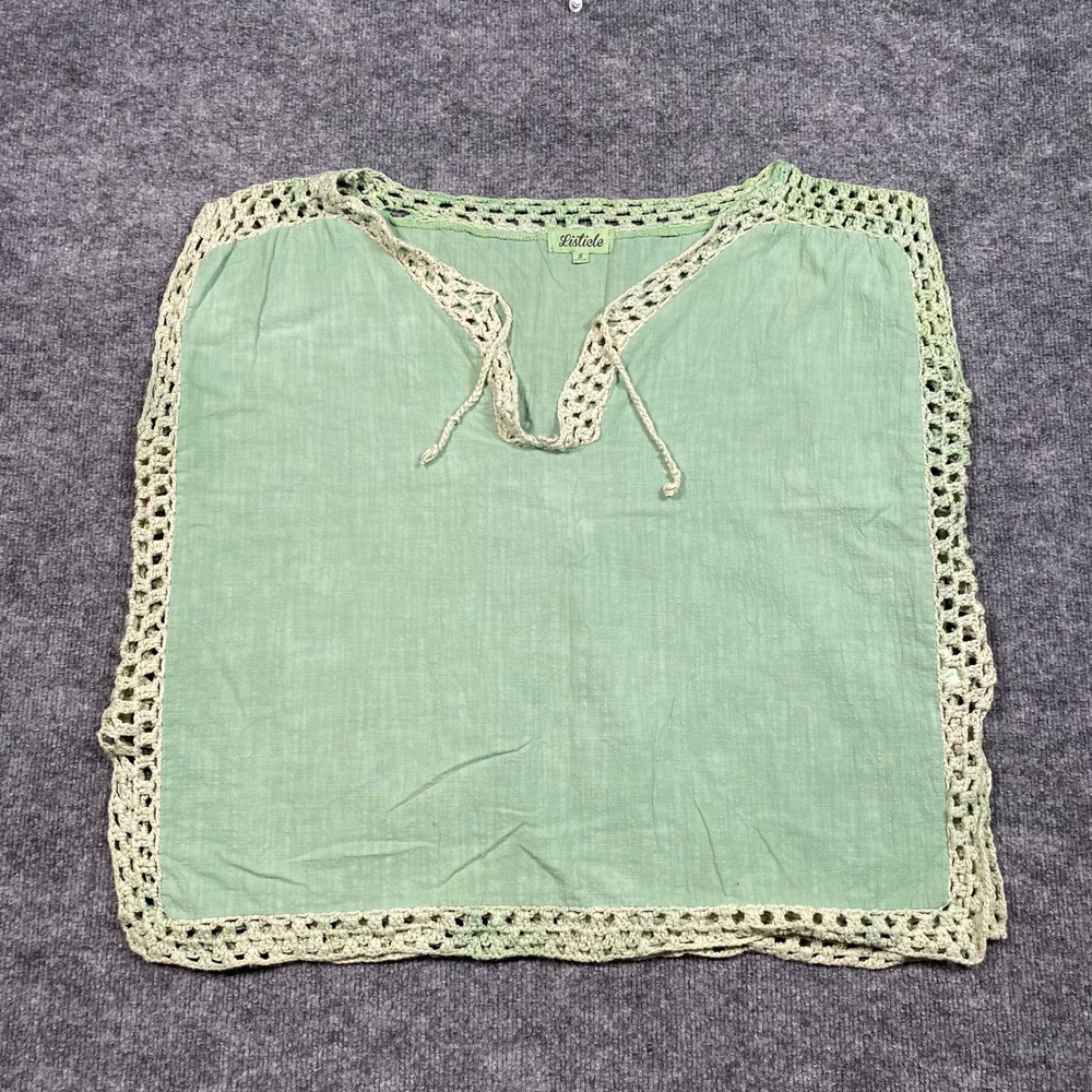 Listicle Sage Green Crochet Trim Cotton Poncho Top Womens Small Tie Neck Boho